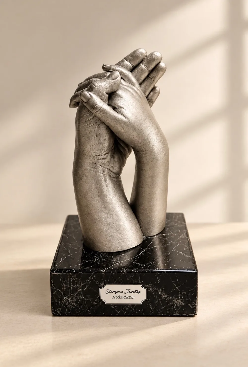 Two hands cast in silver, fingers intertwined, on a black marble base with a plate reading Siempre Juntas, 10/12/2025