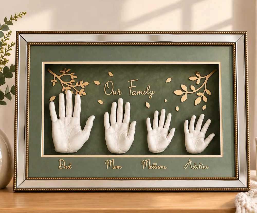 Four pearl white hand casts, Dad, Mom, Mellame and Adeline, in a mirrored frame on a sage green mat lettered Our Family with gold branches