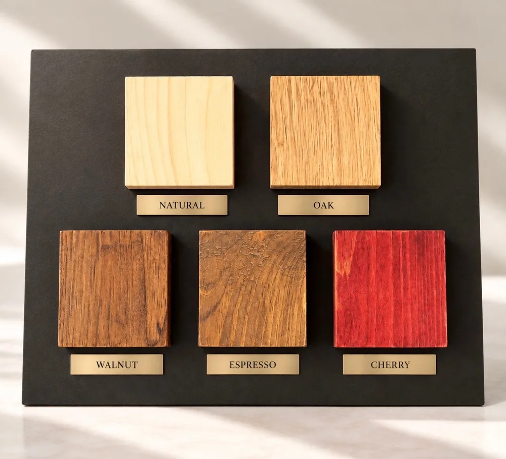 Five wood plate samples on a black board, labelled natural, oak, walnut, espresso and cherry