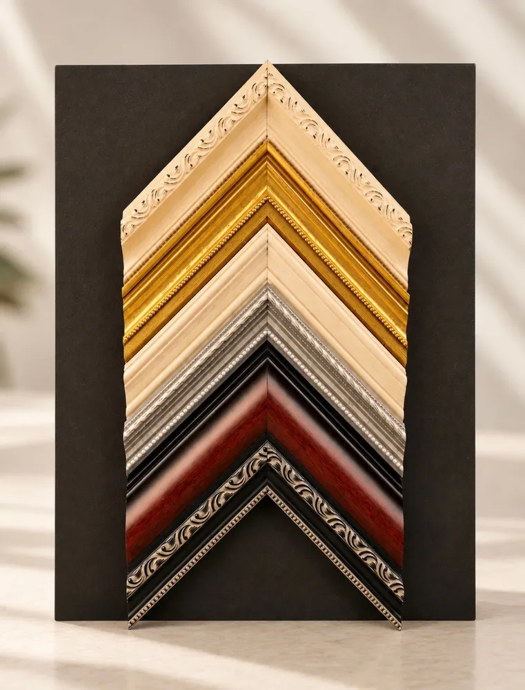Frame corner samples stacked on a black board: cream, gold, silver, black, cherry and ornate mouldings
