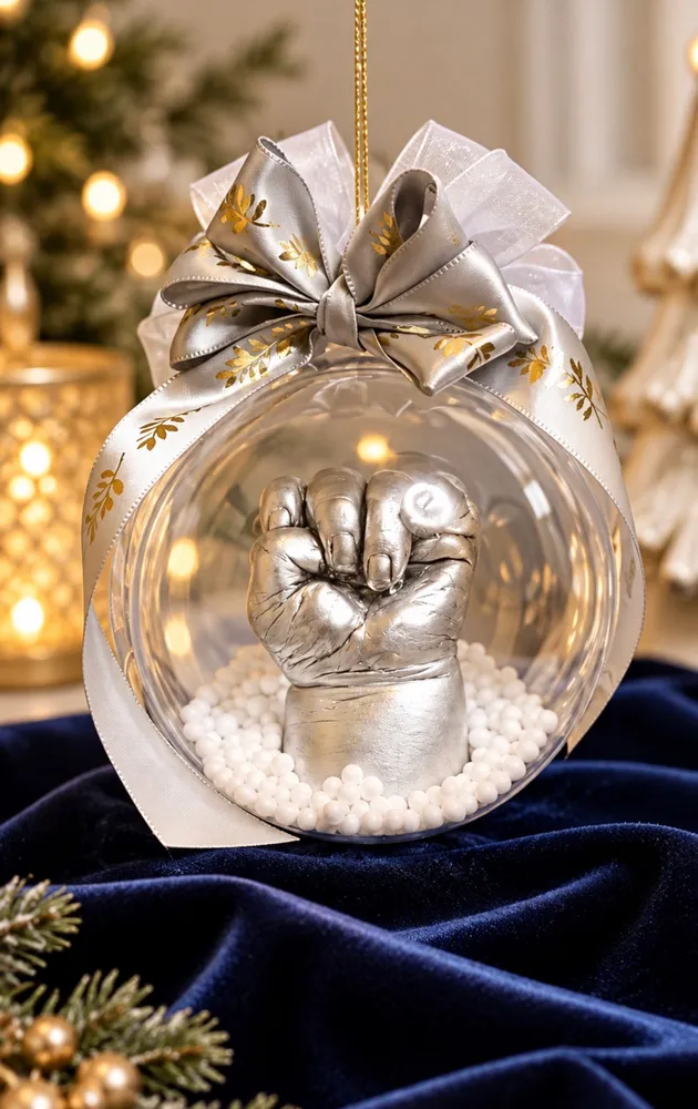 A clear Christmas ornament with a silver bow, a silver cast of a baby's fist inside on white beads